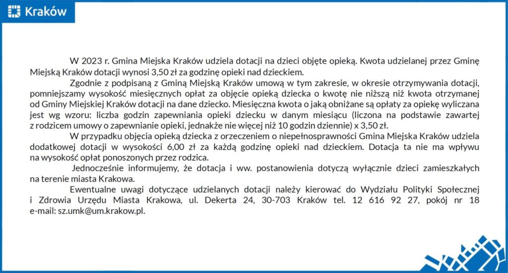 Informacja o dotacji Gminy Miejskiej Kraków na opiekę nad dziećmi w żłobku - kwota 3,50 zł za godzinę opieki